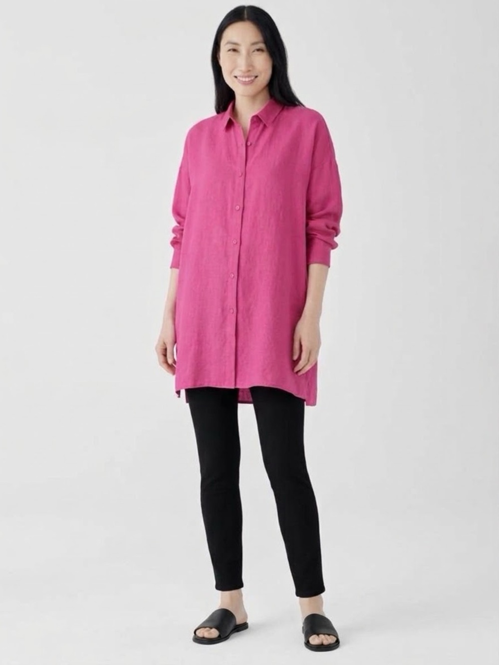 Eileen Fisher Organic Linen Handkerchief Classic Collar Long Shirt Tunic Medium